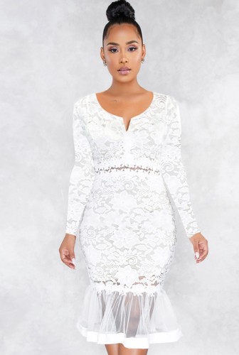 White Lace Long Sleeve Mermaid Dress