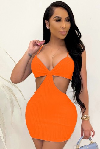 Orange Cut Out Ribbed Cami Bodycon Dress