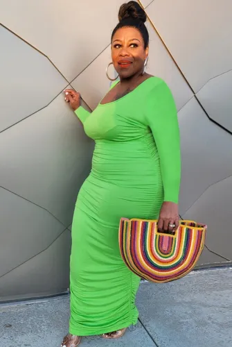Plus Size Green Ruched Long Sleeve Maxi Dress
