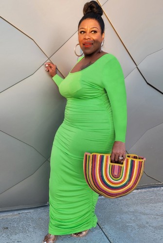 Plus Size Green Ruched Long Sleeve Maxi Dress