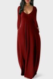 Burgunry Long Sleeve O-Neck Elegant Maxi Dress