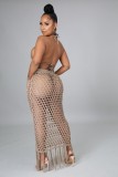 Khaki Fishnet Fringe Backless Crop Top and Long Skirt Two Piece Set