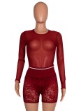 Sexy Red Mesh Top and Lace Zipper Shorts Two Pieces
