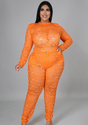 Plus Size Orange Lace Long Sleeve Sexy Bodysuit and Pants Two Pieces
