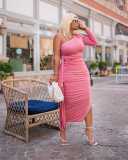 Pink One Shoulder Ruffle Slit Midi Dress
