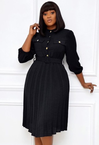 Professional Black Pleated Office Dress with Belt