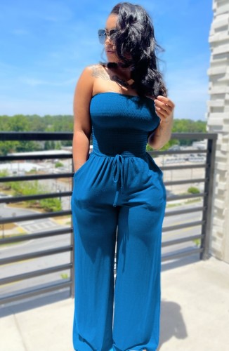 Blue Sexy Fit-and-Flare Strapless Casual Jumpsuit