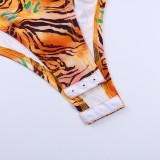 Tiger Stripes Print Hollow Out O-Ring Halter Bodysuit