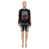 Print Hoody Shorts 2PC Set Sweat Suit