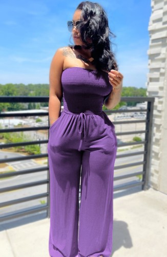 Purple Sexy Fit-and-Flare Strapless Casual Jumpsuit