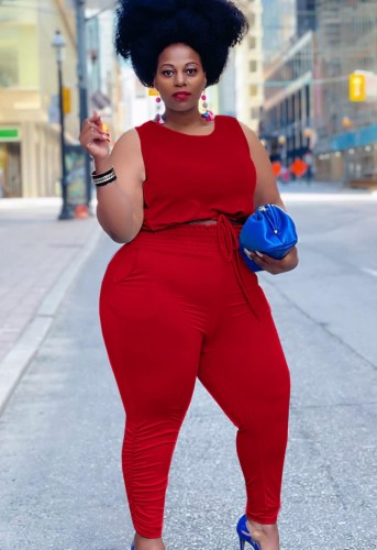 Plus Size Red Sleeveless Crop Top and Elasticated Pants Two Pieces