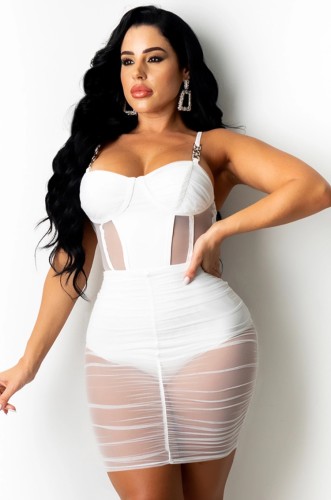 White Sexy See Through Cami Ruched Tight Dress