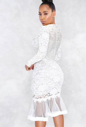 White Lace Long Sleeve Mermaid Dress