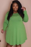 Plus Size Casual Green Long Sleeve O-Neck Short Dress