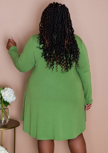 Plus Size Casual Green Long Sleeve O-Neck Short Dress