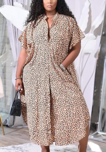 Plus Size Leopard Slit Loose Long Blouse Dress