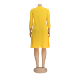 Print Yellow O-Neck Pocket Long Sleeve Midi Dress