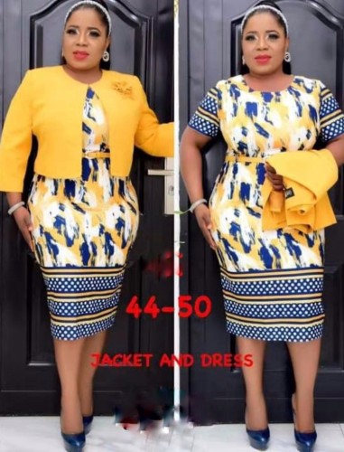 Plus Size Yellow Print Professional Office Dress and Jacket Two Pieces