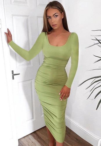 Casual Green Square Neck Long Sleeve Scrunch Dress