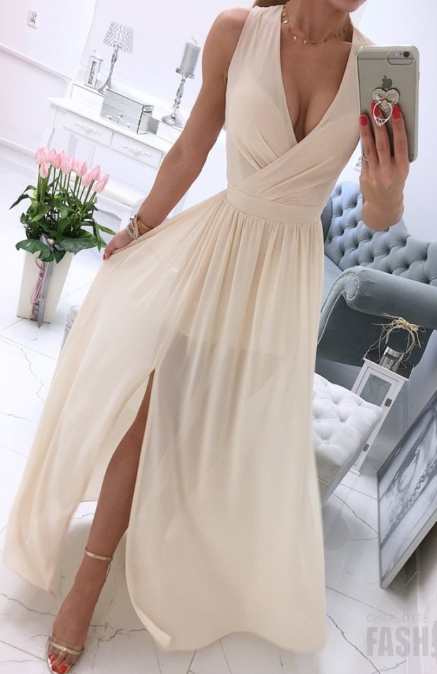 Beige Wrap Sleeveless Chiffon Slit Maxi Dress