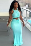 Green Scrunch Strings Crop Top and Maxi Skirt Two Pieces