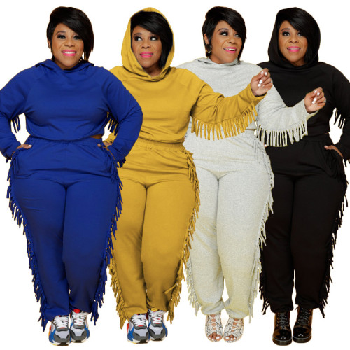 Plus Size Yellow Fringe Trim Casual Hooded Sweatsuits