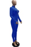 Blue Zipper Long Sleeve Slim Fit Jumpsuit