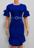 Professional Blue Irregular Office Dress with Matching Belt