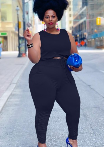 Plus Size Black Sleeveless Crop Top and Elasticated Pants Two Pieces
