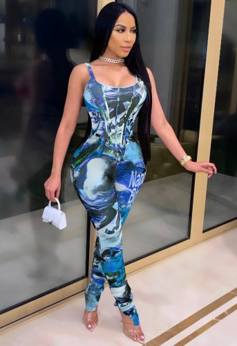 Sexy Print Blue Bustier Tight Jumpsuit