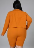Plus Size Orange Long Sleeve Blazer and Shorts Office Suit with Belt