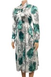 Professional Print Green Long Office Dress