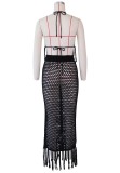 Black Fishnet Fringe Backless Crop Top and Long Skirt Two Piece Set