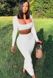 White Long Sleeve Crop Top and Maxi Skirt Two Pieces
