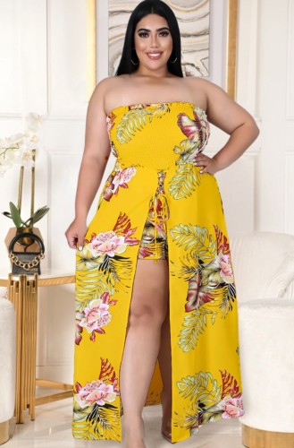 Plus Size Elasticated Straless Rompers Slit Maxi Dress