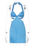 Blue Sexy Cut Out Slit Halter Mini Dress