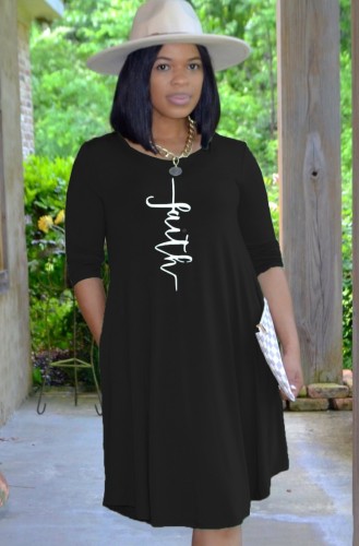 Print Black O-Neck Pocket Long Sleeve Midi Dress