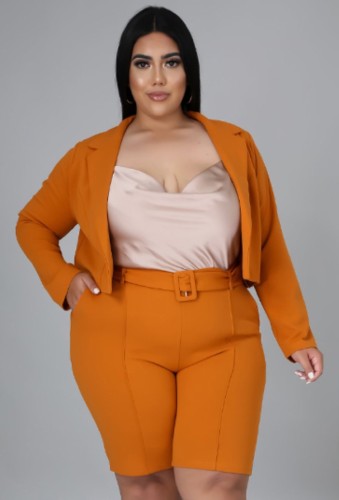 Plus Size Orange Long Sleeve Blazer and Shorts Office Suit with Belt