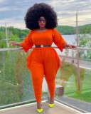 Plus Size Orange O-Neck 3/4 Sleeves Jumpsuit