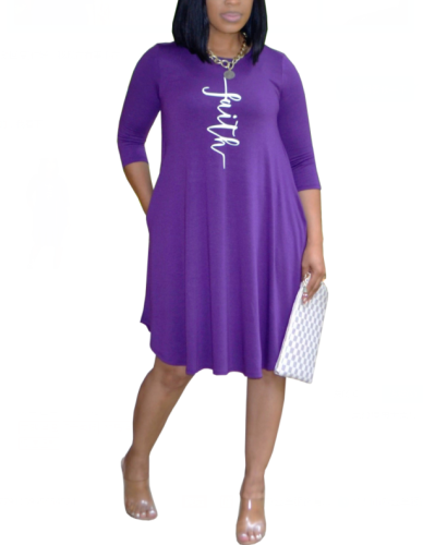 Print Purple O-Neck Pocket Long Sleeve Midi Dress