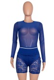 Sexy Blue Mesh Top and Lace Zipper Shorts Two Pieces