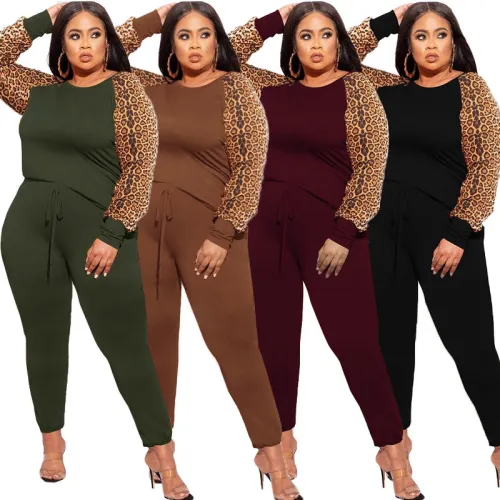Plus Size Green Leopard Patchwork Two Piece Pants Set