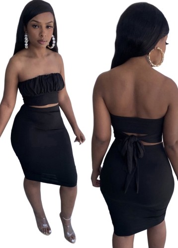 Black Sexy Strapless Knotted Crop Top and Midi Skirt Two Piece Set