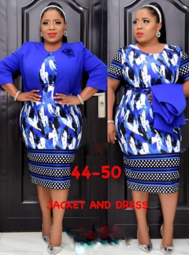 Plus Size Blue Print Professional Office Dress and Jacket Two Pieces