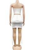 White Chains Sexy Strap Crop Top and Zipper Skirt Two Piece Set