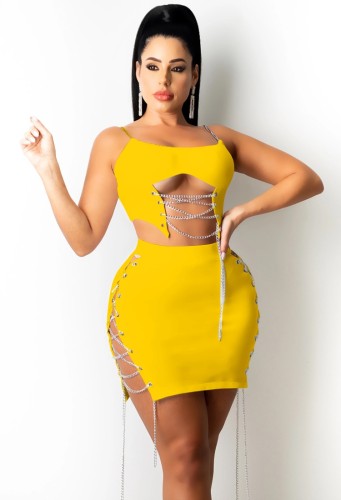 Yellow Chains Sexy Cami  Crop Top and Zipper Skirt Two Piece Set