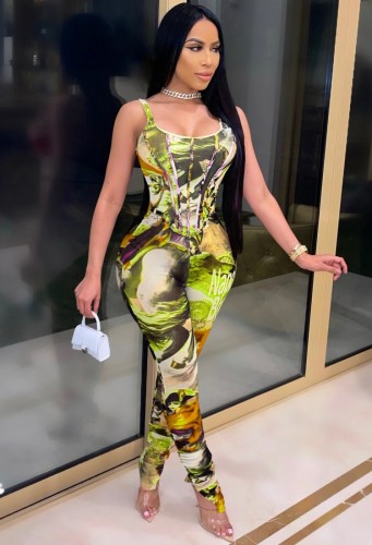 Sexy Print Green Bustier Tight Jumpsuit
