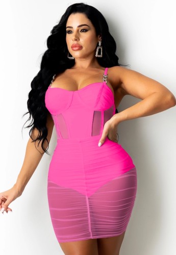 Rose Sexy See Through Cami Ruched Tight Dress