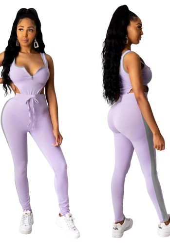 Purple High Cut Sleeveless Drawstring Bodysuit and Matching Pants Two Piece Set