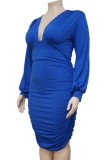 Plus Size Blue Long Sleeve Deep-V Ruched Fitted Dress